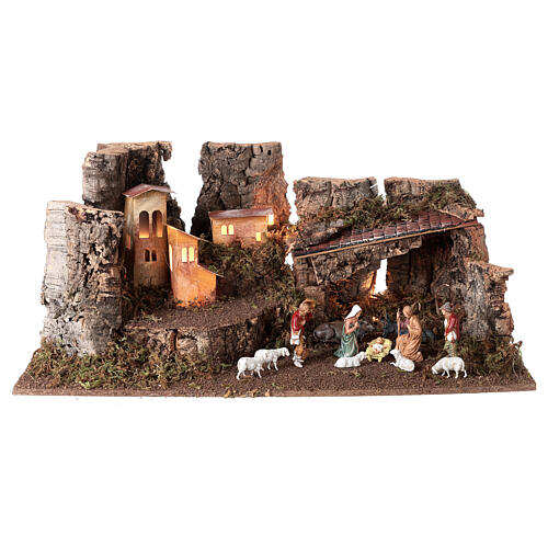 Nativity grotto with landscape and lights 28x58x32cm 1