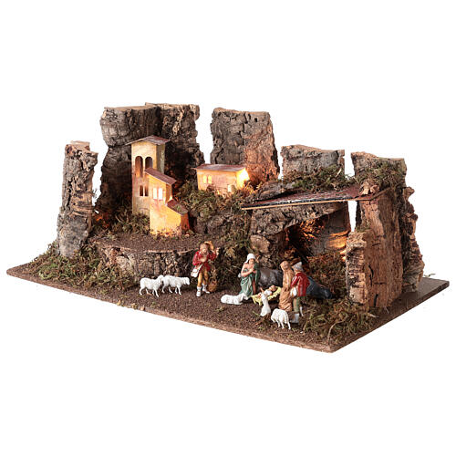 Nativity grotto with landscape and lights 28x58x32cm 3