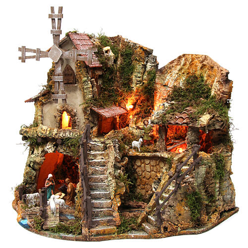 Illuminated nativity setting with stable, houses and mill 42x59x35cm 3