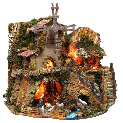 Illuminated nativity setting with stable, houses and mill 42x59x35cm 4