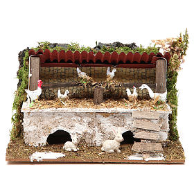 Stall mit Hennen und Kaninchen 12x20x14cm für Krippe