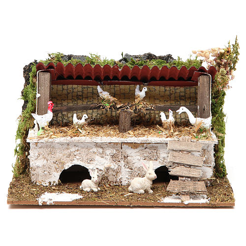 Stall mit Hennen und Kaninchen 12x20x14cm für Krippe 1