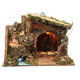 Illuminated stable with village for nativities, 36x50x26cm