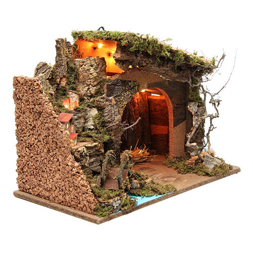 Illuminated stable with village for nativities, 36x50x26cm 3