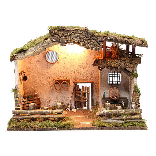 Nativity rural stable with lights, 36x50x26cm with pub and fountain 1