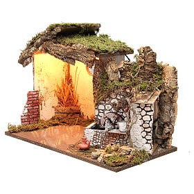 Nativity illuminated stable with water mill 36x50x26cm