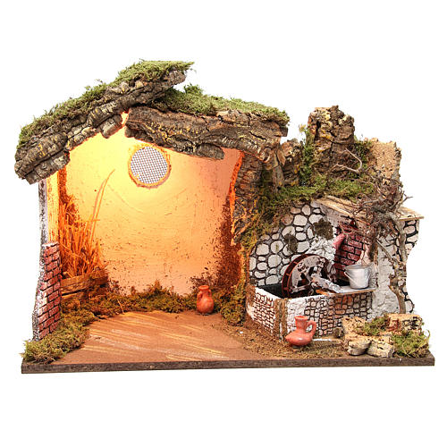 Nativity illuminated stable with water mill 36x50x26cm 1