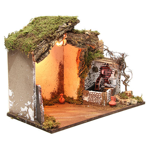 Nativity illuminated stable with water mill 36x50x26cm 3