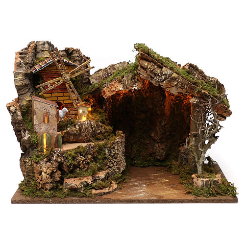 Nativity illuminated stable with village setting and wind mill 37x26x50cm 1