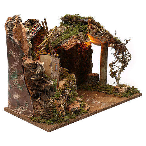 Nativity illuminated stable with village setting and wind mill 37x26x50cm 3