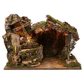 Nativity illuminated stable with village setting and wind mill 37x26x50cm