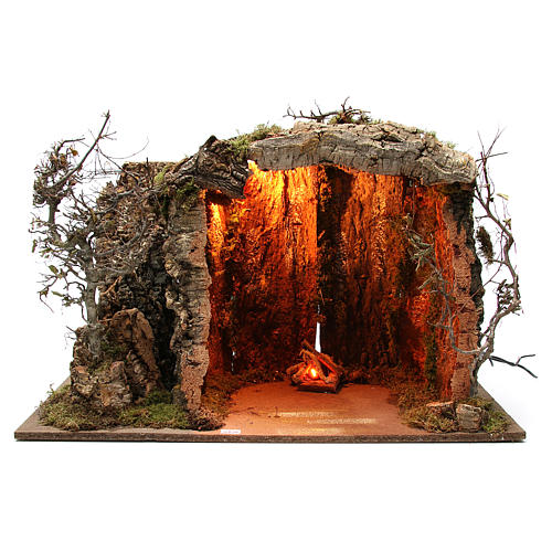 Cabaña para belén iluminada con figuras 32 cm y efecto fuego 55x76x40 cm 4