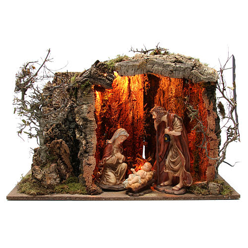 Illuminated stable with figurines of 32cm and fire effect 55x76x40cm 1
