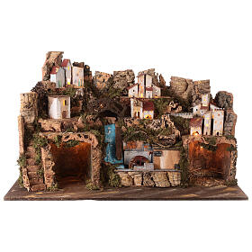 Krippenszenerie mit Höhle, Wassermühle und Beleuchtung, rustikaler Stil, 50x80x50 cm