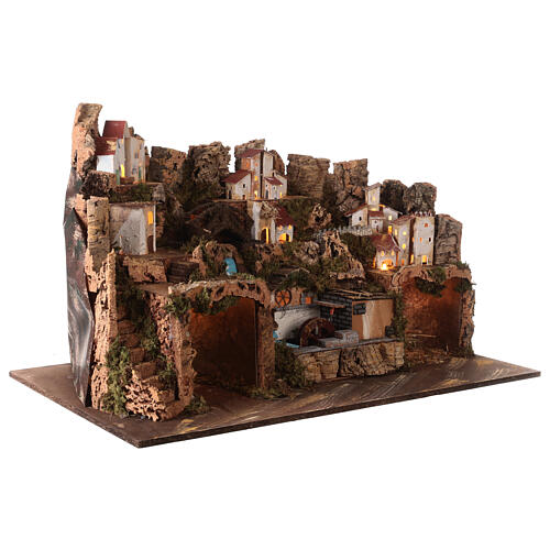 Bourgade crèche rustique avec grotte moulin éclairage 50x80x50 cm 3