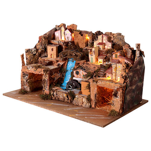 Bourgade crèche rustique avec grotte moulin éclairage 50x80x50 cm 3