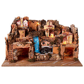 Borgo presepe rustico con grotta mulino luci 50x80x50 cm