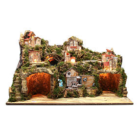 Stajenki i Groty do szopki: Osada szopka wiejska z grotą młynem światłem 50x80x50 cm Stajenki i Groty do szopki: Osada szopka wiejska z grotą młynem światłem 50x80x50 cm