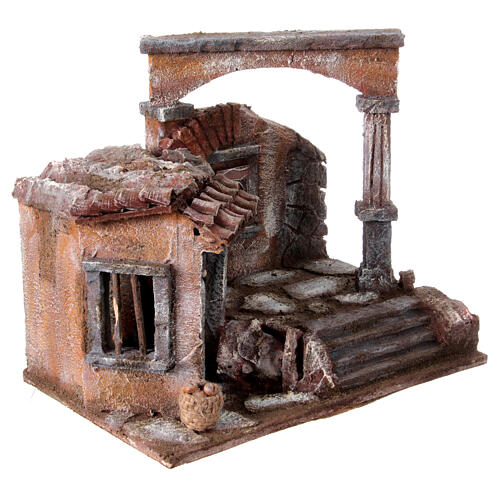 House with hut and roman column for nativity 28x30x20cm 6
