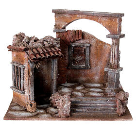 House with roman column and hut for nativity 35x35x25cm