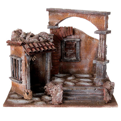 Casa con columna romana y cabaña para presebre 35x35x25cm. 1