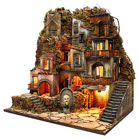 Illuminated village with mill, oven and fountain for Neapolitan Nativity 80x70x40cm
