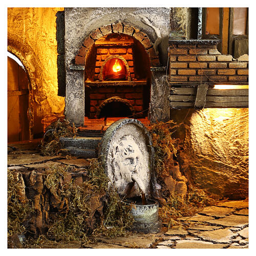 Illuminated village with mill, oven and fountain for Neapolitan Nativity 80x70x40cm 2