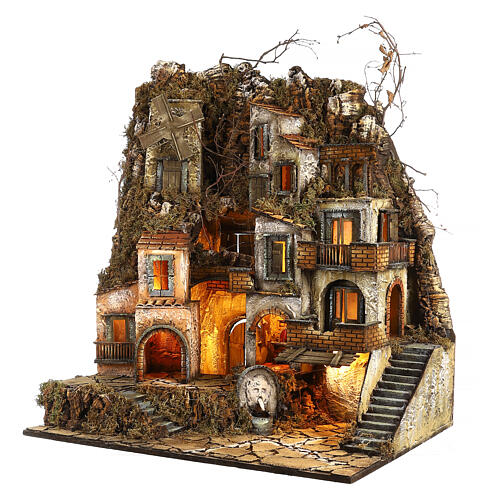 Illuminated village with mill, oven and fountain for Neapolitan Nativity 80x70x40cm 3
