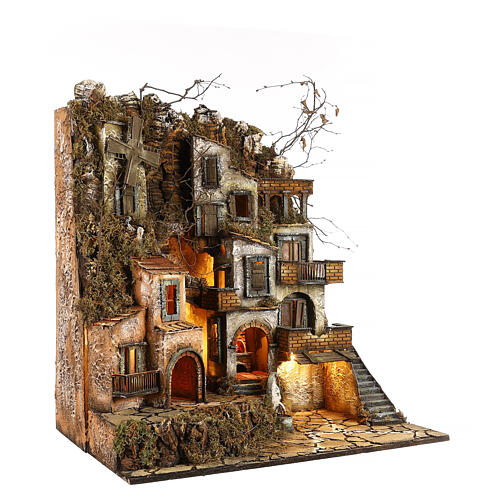 Illuminated village with mill, oven and fountain for Neapolitan Nativity 80x70x40cm 5