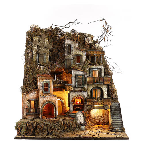 Illuminated village with mill, oven and fountain for Neapolitan Nativity 80x70x40cm 1