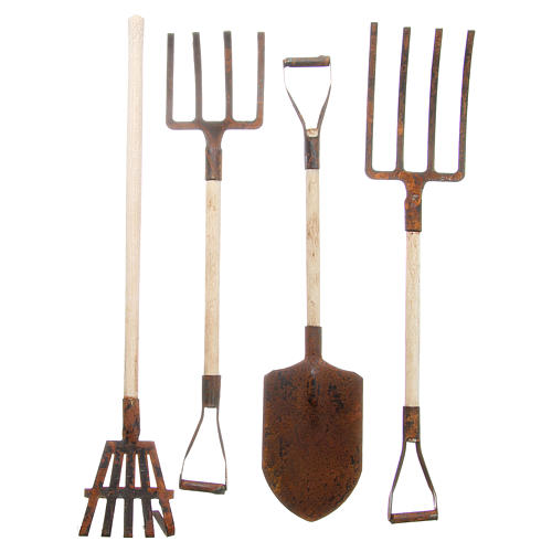 Gardening tools in metal for DIY nativities, 4pieces 1