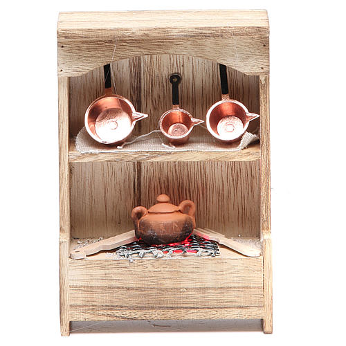 Kitchen in wood with light and miniature pans 10x3x14cm 1