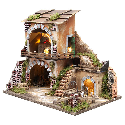 Village with stable for nativities with 10 lights and oven 38x45x30cm 2