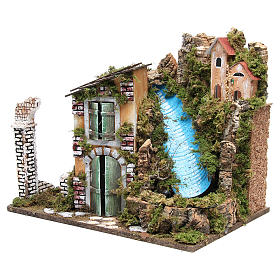 Nativity farmhouse with 10 battery lights and waterfall 36x45x30cm