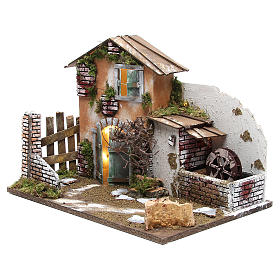 Nativity farmhouse with 10 battery lights and water mill 32x45x30cm