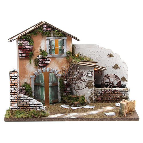 Nativity farmhouse with 10 battery lights and water mill 32x45x30cm 1