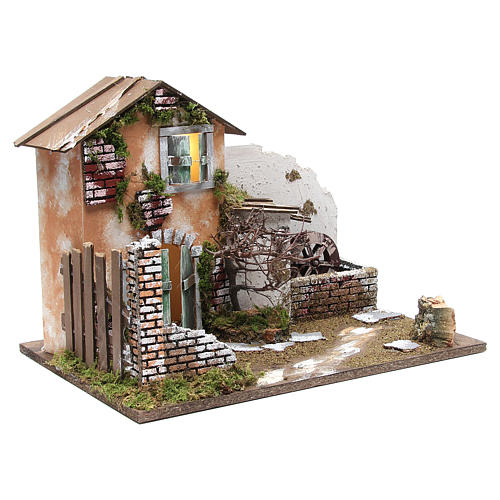 Nativity farmhouse with 10 battery lights and water mill 32x45x30cm 3