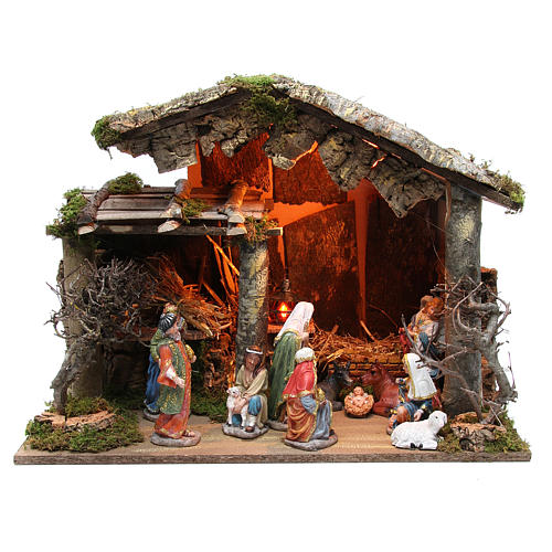 Nativity stable with figurines of 15cm, flame effect lights 42x60x34cm 1
