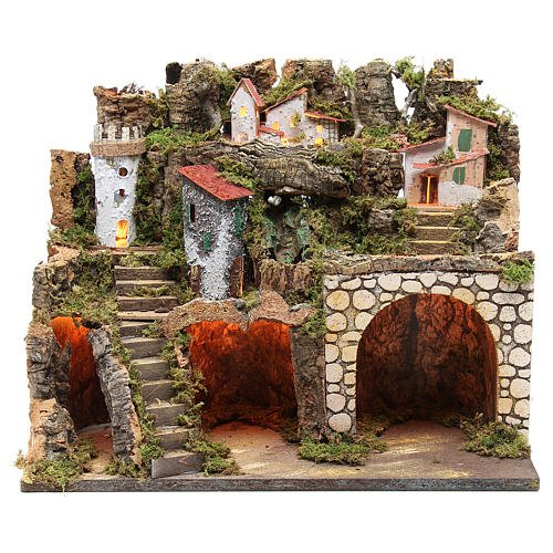 Nativity stable with village setting, lights and waterfall 37x45x30cm 1