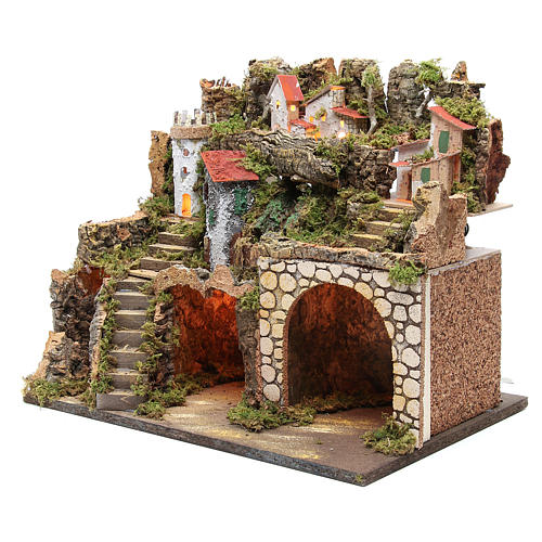 Nativity stable with village setting, lights and waterfall 37x45x30cm 2
