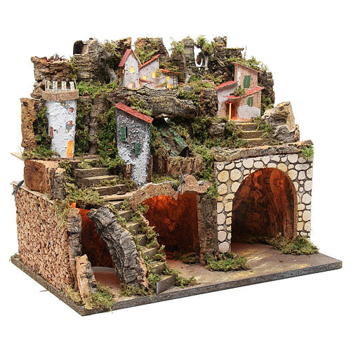 Nativity stable with village setting, lights and waterfall 37x45x30cm 3