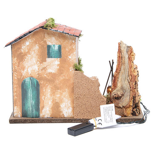 Farmhouse for nativities with red and yellow LED fire, 23x33x18cm 4