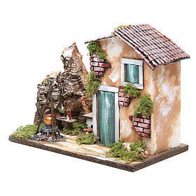 Casa rural miniatura para presépio com fogueira LED 23x33x18 cm