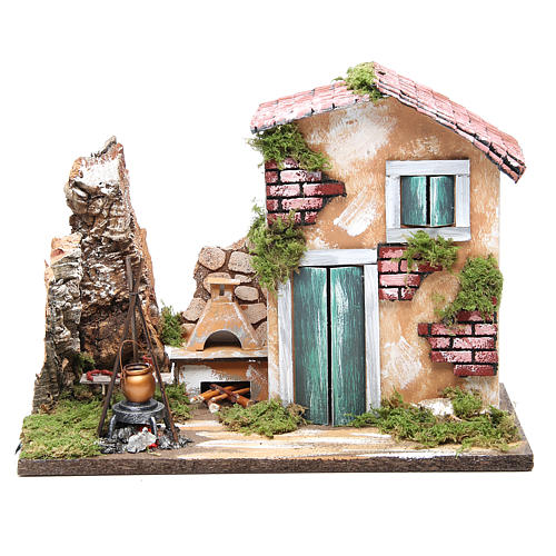 Casa rural miniatura para presépio com fogueira LED 23x33x18 cm 1