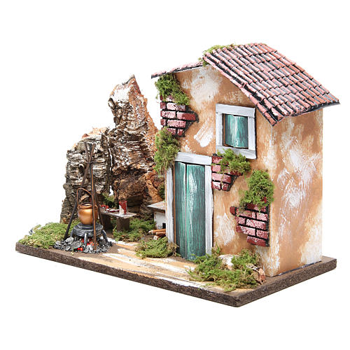 Casa rural miniatura para presépio com fogueira LED 23x33x18 cm 2