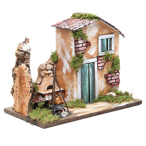 Casa rural miniatura para presépio com fogueira LED 23x33x18 cm 3