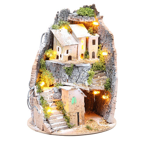 Nativity village with grotto, illuminated with 10 lights 24x18cm 5