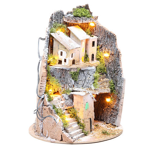 Nativity village with grotto, illuminated with 10 lights 24x18cm 7
