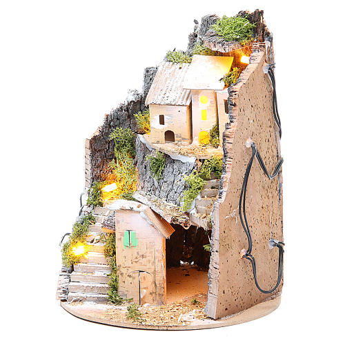 Nativity village with grotto, illuminated with 10 lights 24x18cm 2