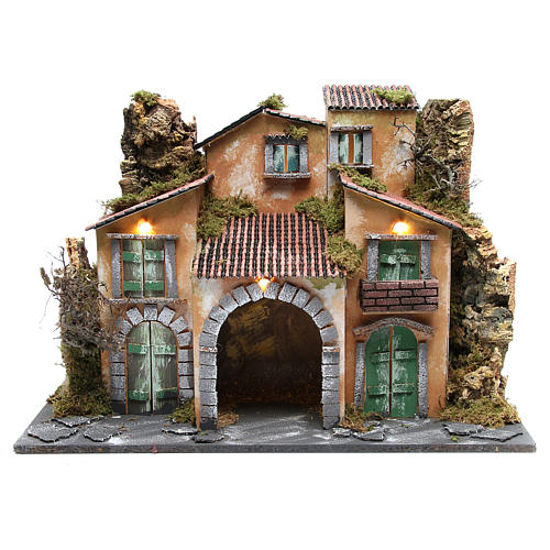 Nativity village with stable, illuminated with 10 battery lights 43x60x34cm 1